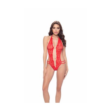 Lace Crotchless Teddy - Red - One Size 