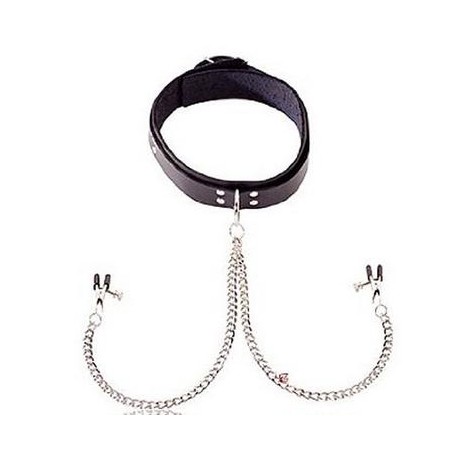 Black Leather Collar with Broad Tip Clamps