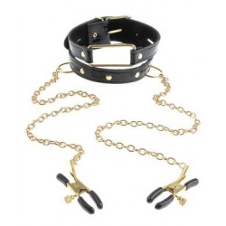 Fetish Fantasy Gold Collar and Nipple Clamps - Black 