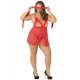 3 Pc. Lace & Mesh Babydoll Set with Eyemask - Queen Size - Red 