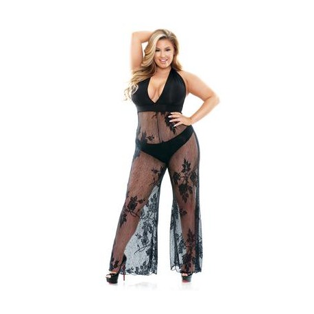 Curve Nicki Stretch Micro & Lace Halter Jumpsuit with Panty - Plus Size 3x/4x