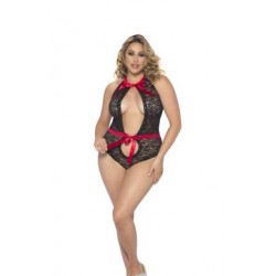 Lace Teddy W/ Neck &amp; Waist Satin Ties - Black/ Red - Queen Size 