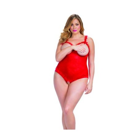 Open Cup Crotchless Teddy - Red - Queen Size 