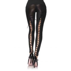 Wet Look Leggings with Elastic Lace-up Back - Medium - Black 