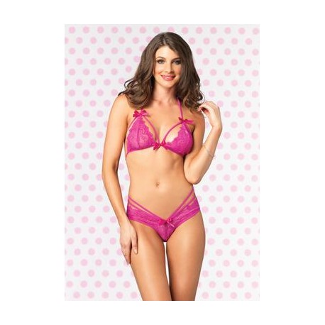 Strappy Lace Bra and Panty - Hot Pink - Small - Medium 