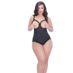 Open Cup Crotchless Teddy - Black - Queen Size 