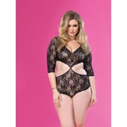 Floral Lace Deep-v Teddy - Black - Queen Size 