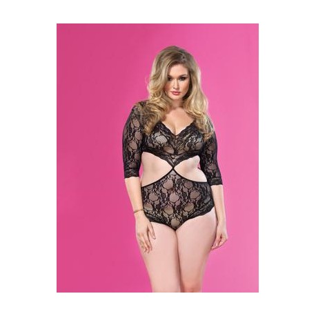 Floral Lace Deep-v Teddy - Black - Queen Size 